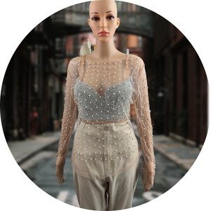 NLK Sykes Pearls diamonds Sheer Blouse with Corset